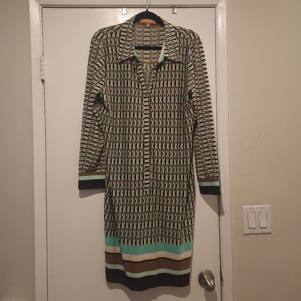 Ellen Tracy Long Sleeve Dress - Black, Green, Brown